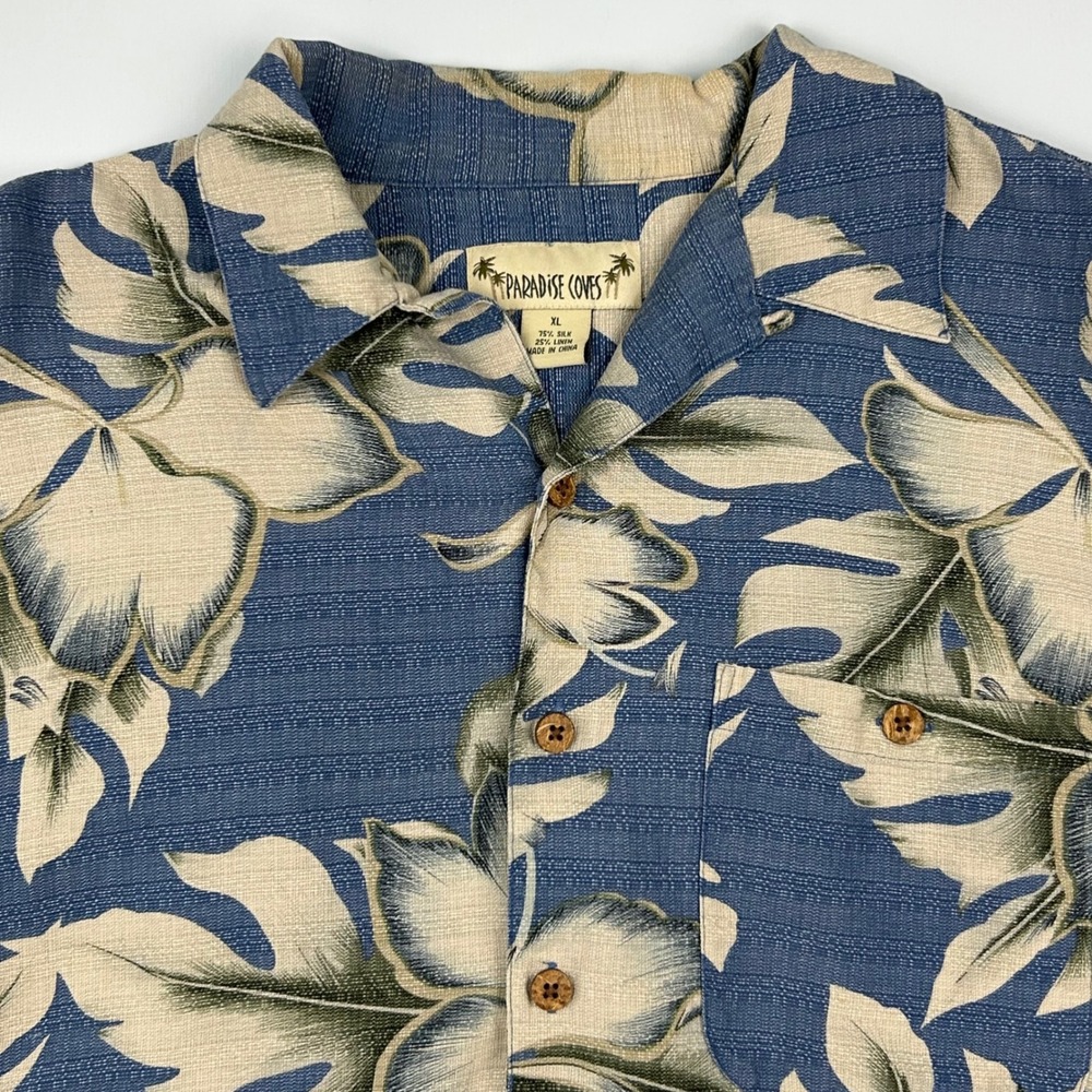 Paradise Coves Mens XL Silk Linen Hawaiian Shirt Blue Tropical Leaf Camp‎ Button